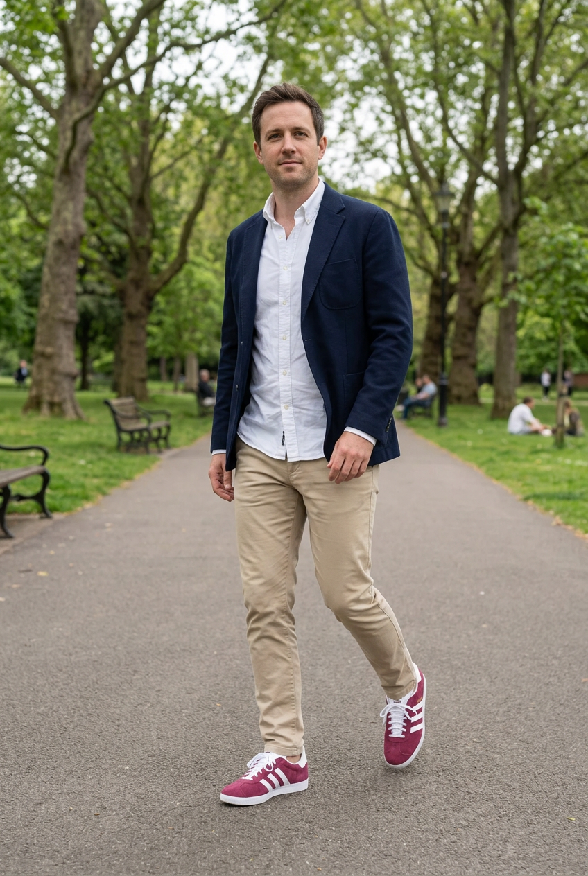 Homme adulte portant les Adidas Gazelle bordeaux en extérieur, illustration générée