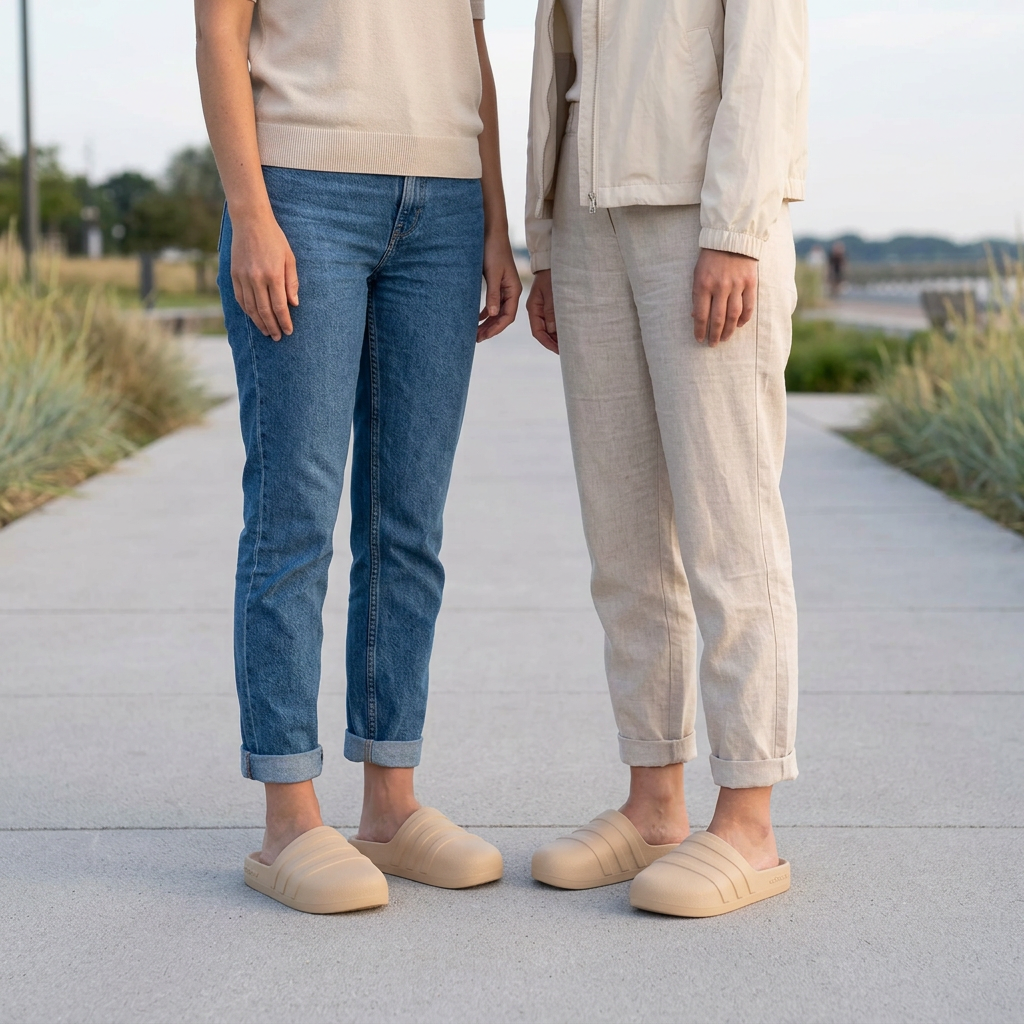 Illustration générée de deux femmes adultes portant les Adidas Adifom Adilette