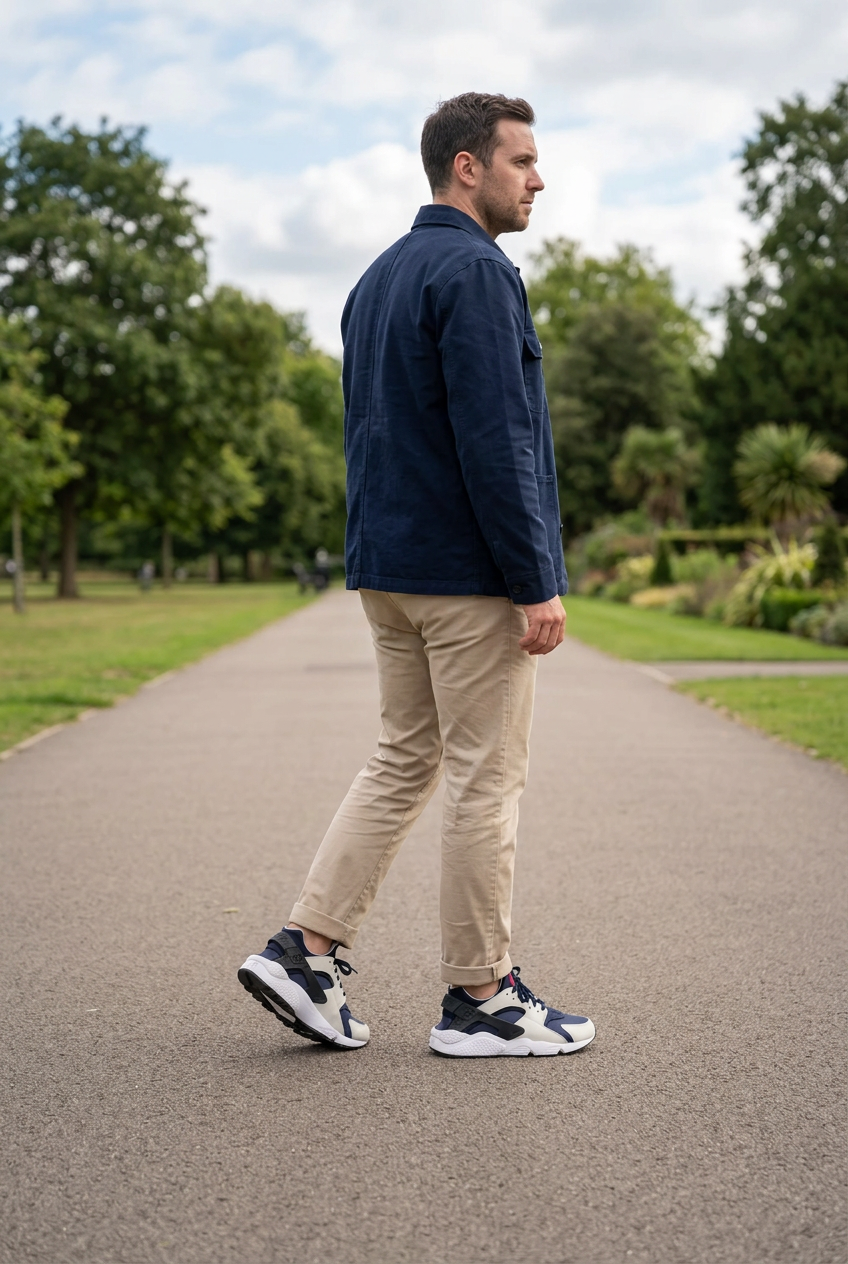Homme adulte portant les Nike Air Huarache en extérieur, illustration générée