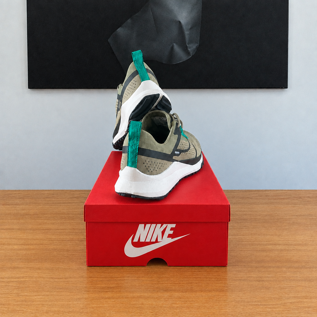 NIKE REACT PEGASUS TRAIL 4 : boîte et chaussures centrées sous le tableau noir