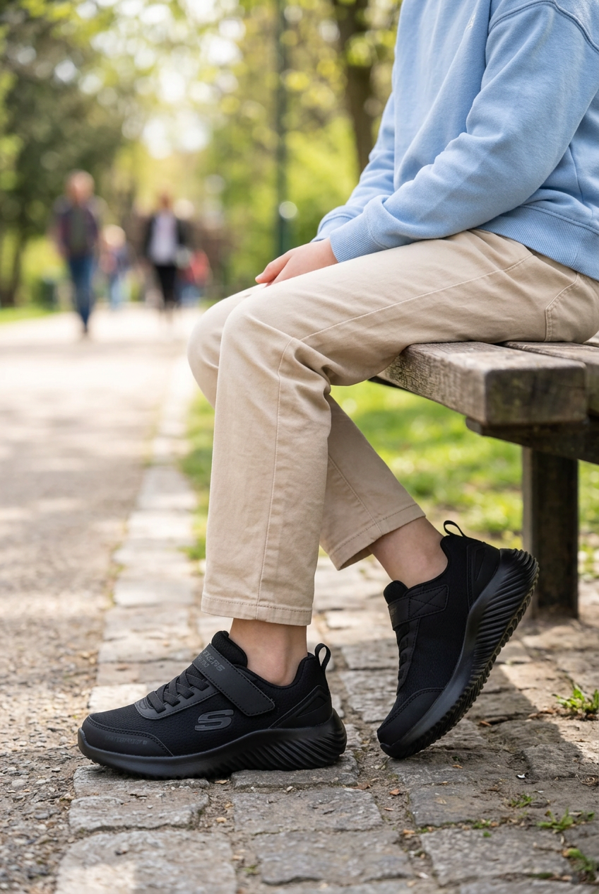 Fille de 8 à 12 ans assise portant les Skechers noires, illustration générée