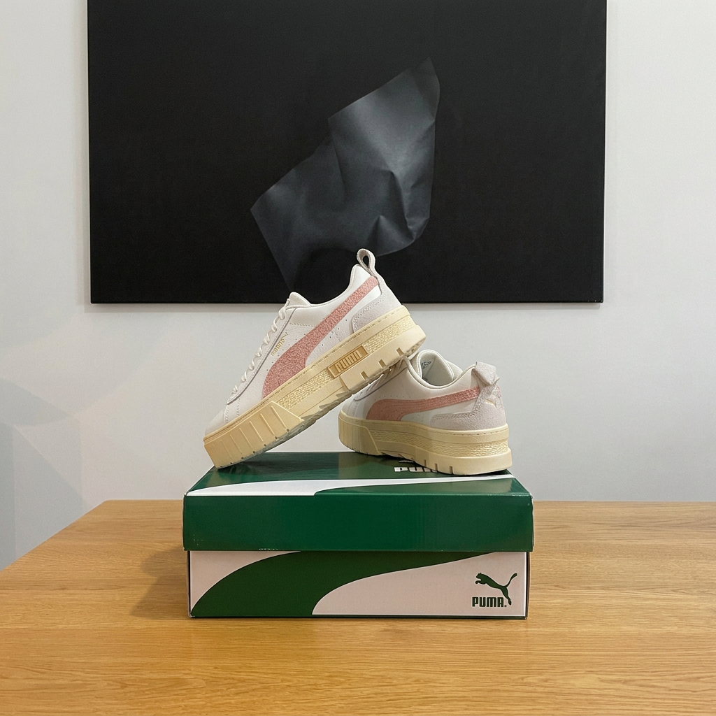 Puma Mayze Thrifted, vue arrière avec boîte recentrée sous le tableau