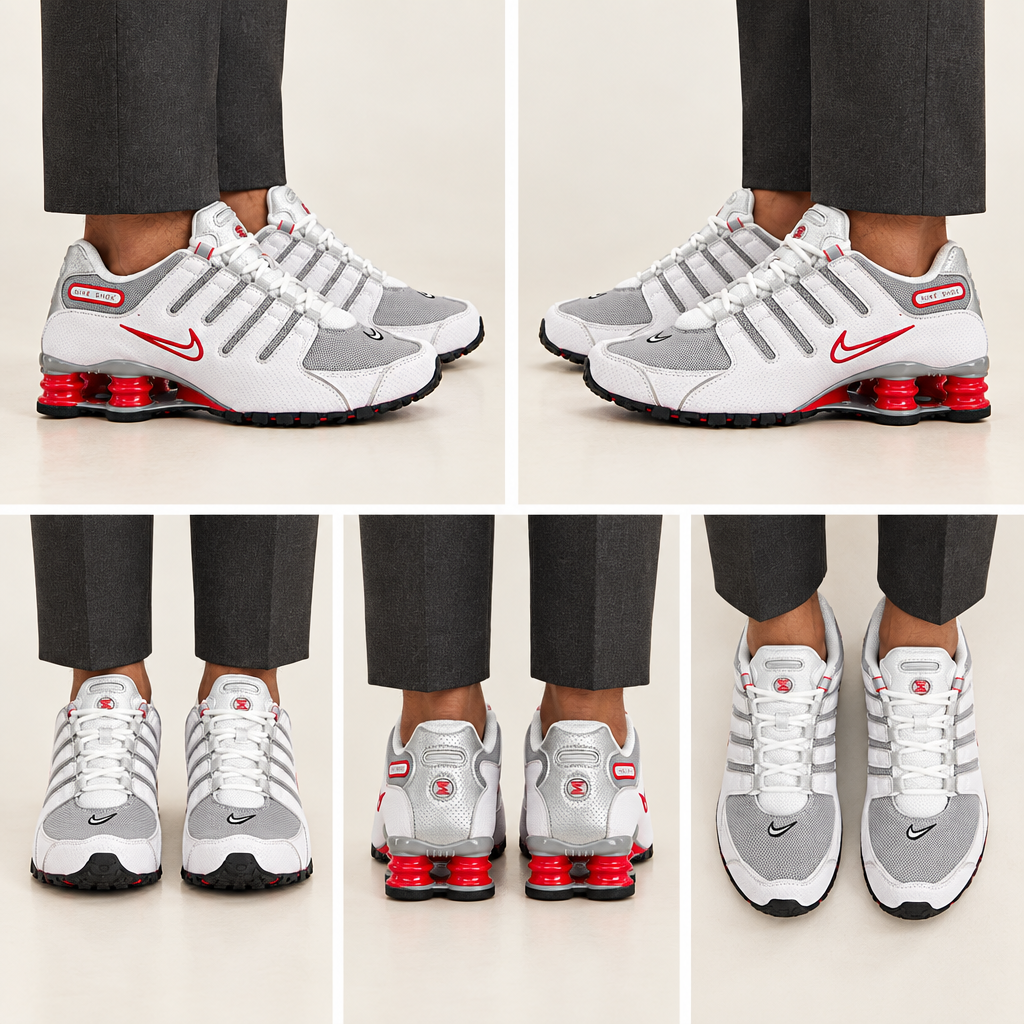 Montage généré des Nike Shox NZ portées sous cinq angles avec pantalon habillé