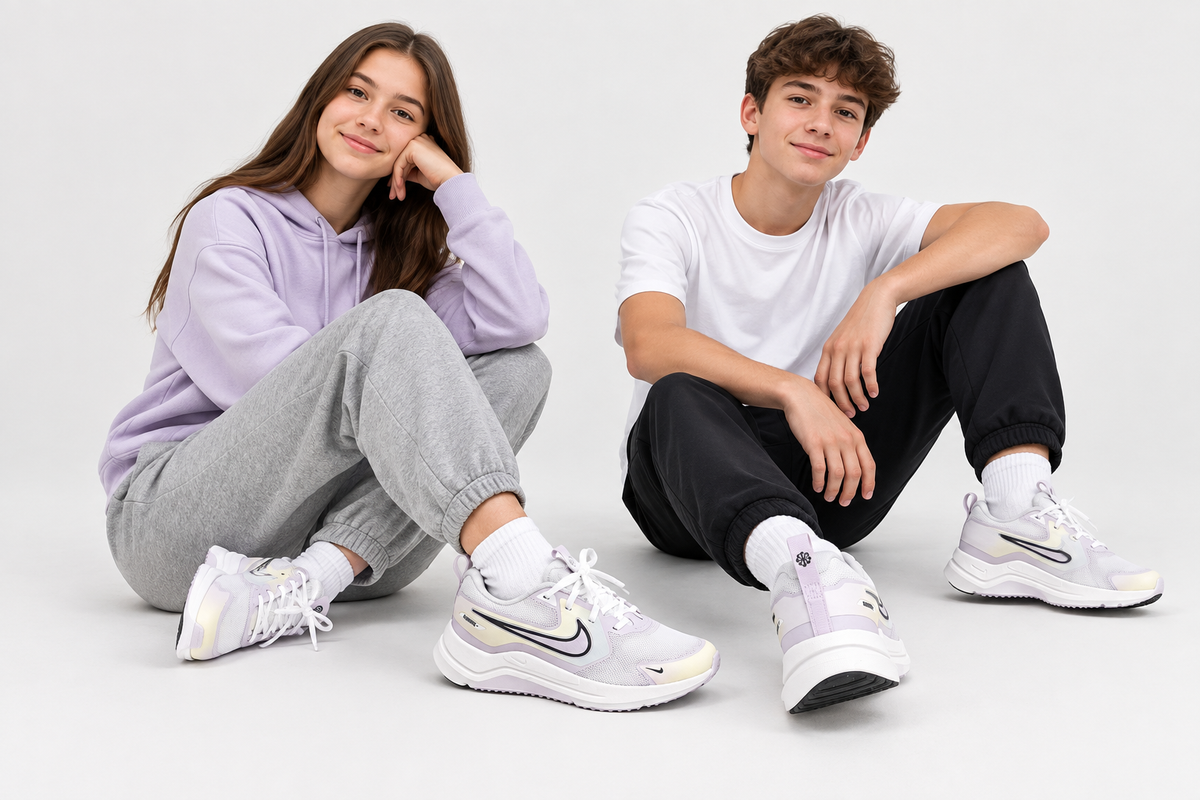 Visuel généré des Nike Cosmic Runner portées par une fille et un garçon, modèle mixte 10 à 16 ans