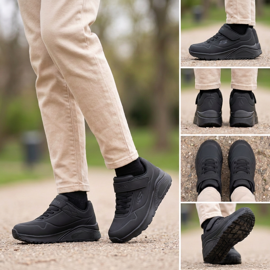 Skechers enfant noires montage cinq angles sans bulle d’air, visuel généré