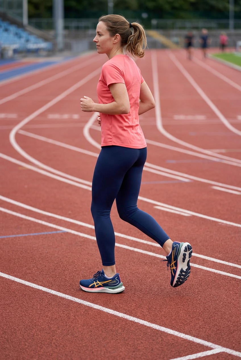Femme courant sur piste avec les ASICS, illustration générée