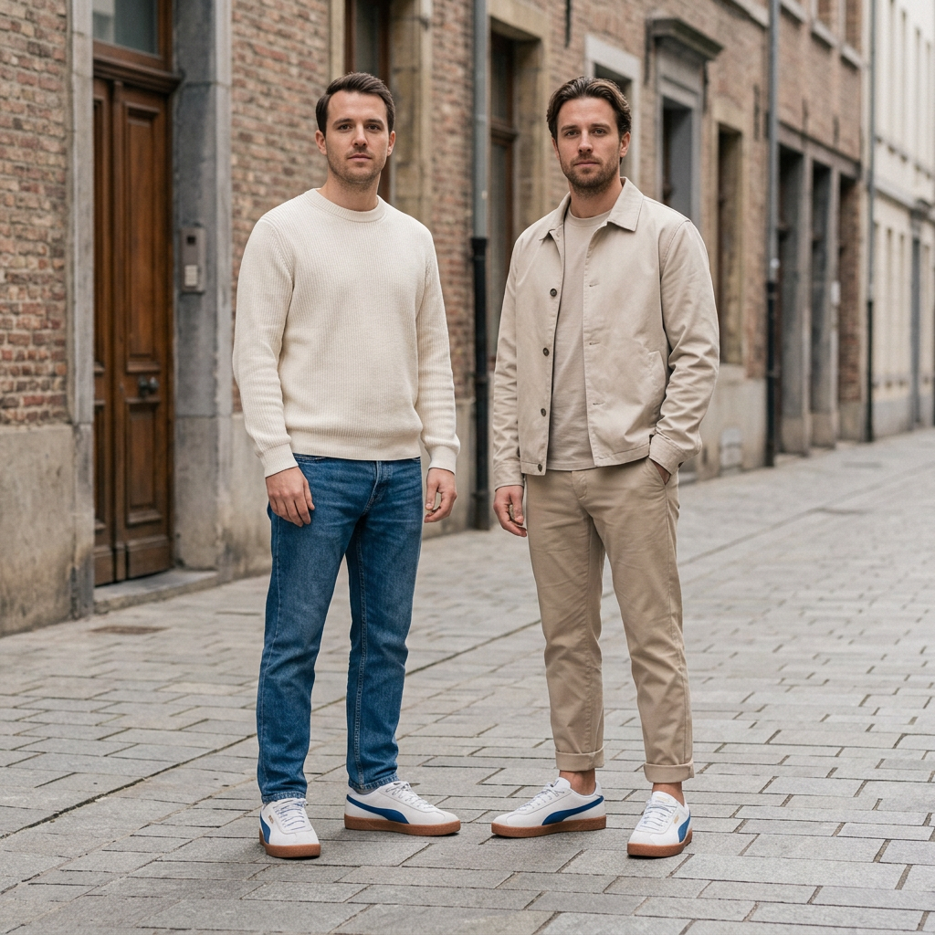 Illustration générée de deux hommes portant les Puma Club et regardant devant eux
