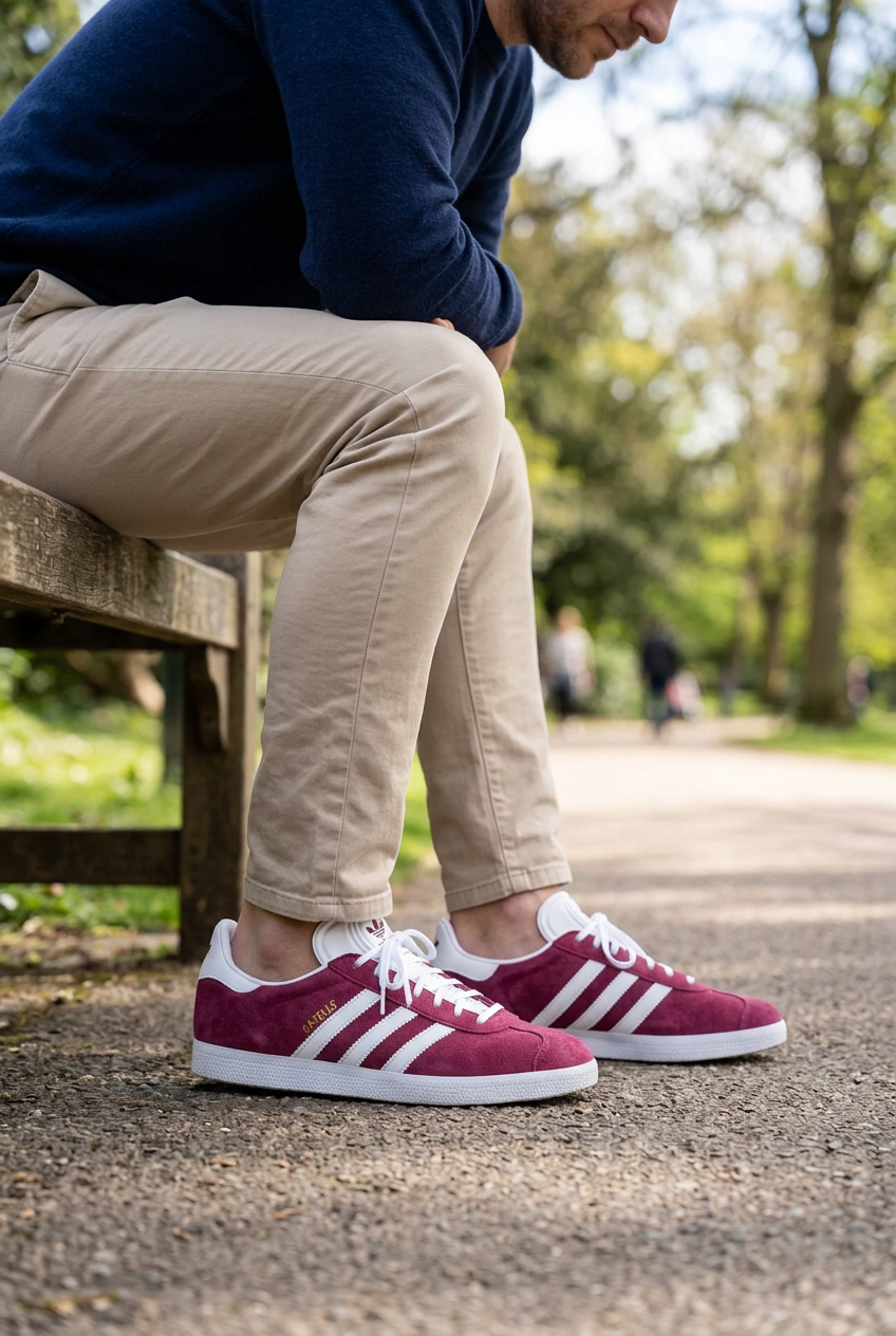 Homme adulte assis portant les Adidas Gazelle bordeaux, illustration générée