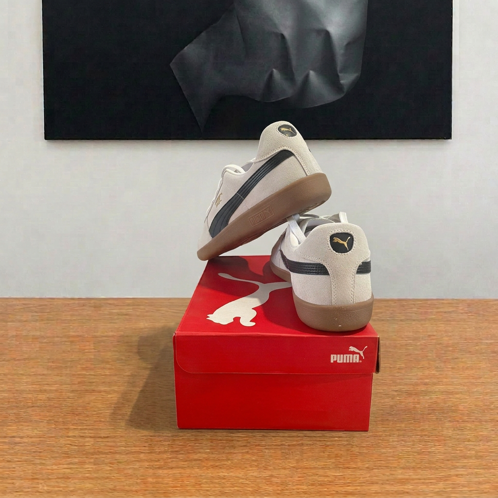 Puma Handball vue arrière boîte rouge centrée sous tableau, image retouchée