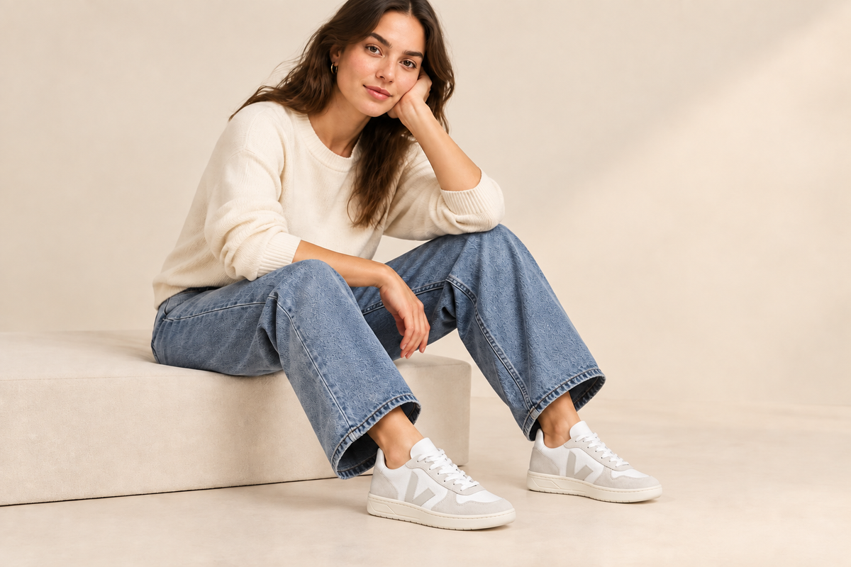 Visuel illustratif généré : femme de 18 à 30 ans assise en studio portant des VEJA V-10 blanches et beiges aux proportions plus discrètes