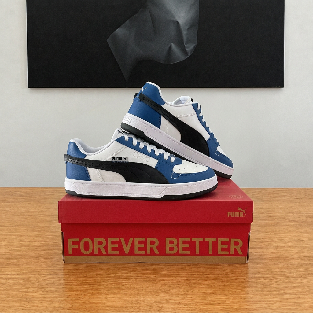 Puma Caven 2.0 VTG blanc bleu noir, photo de profil recentrée