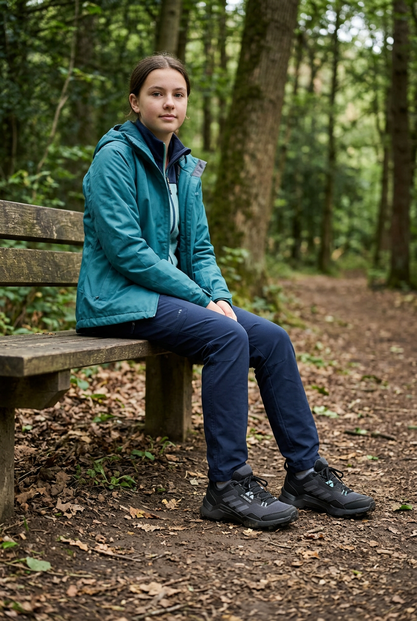 Adolescente assise en forêt portant les Terrex, illustration générée