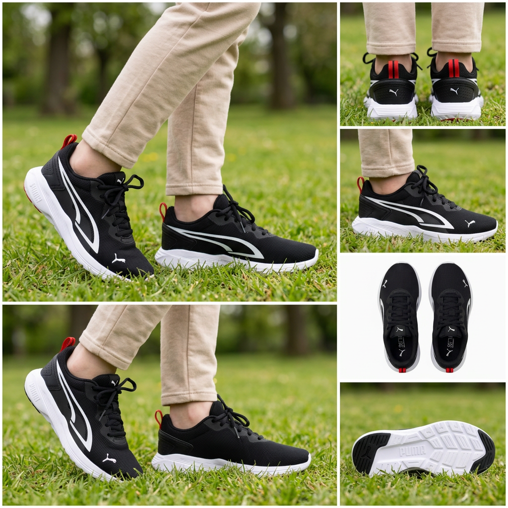 Puma All-Day Active portées par un enfant de 10 à 12 ans montage cinq angles, illustration générée