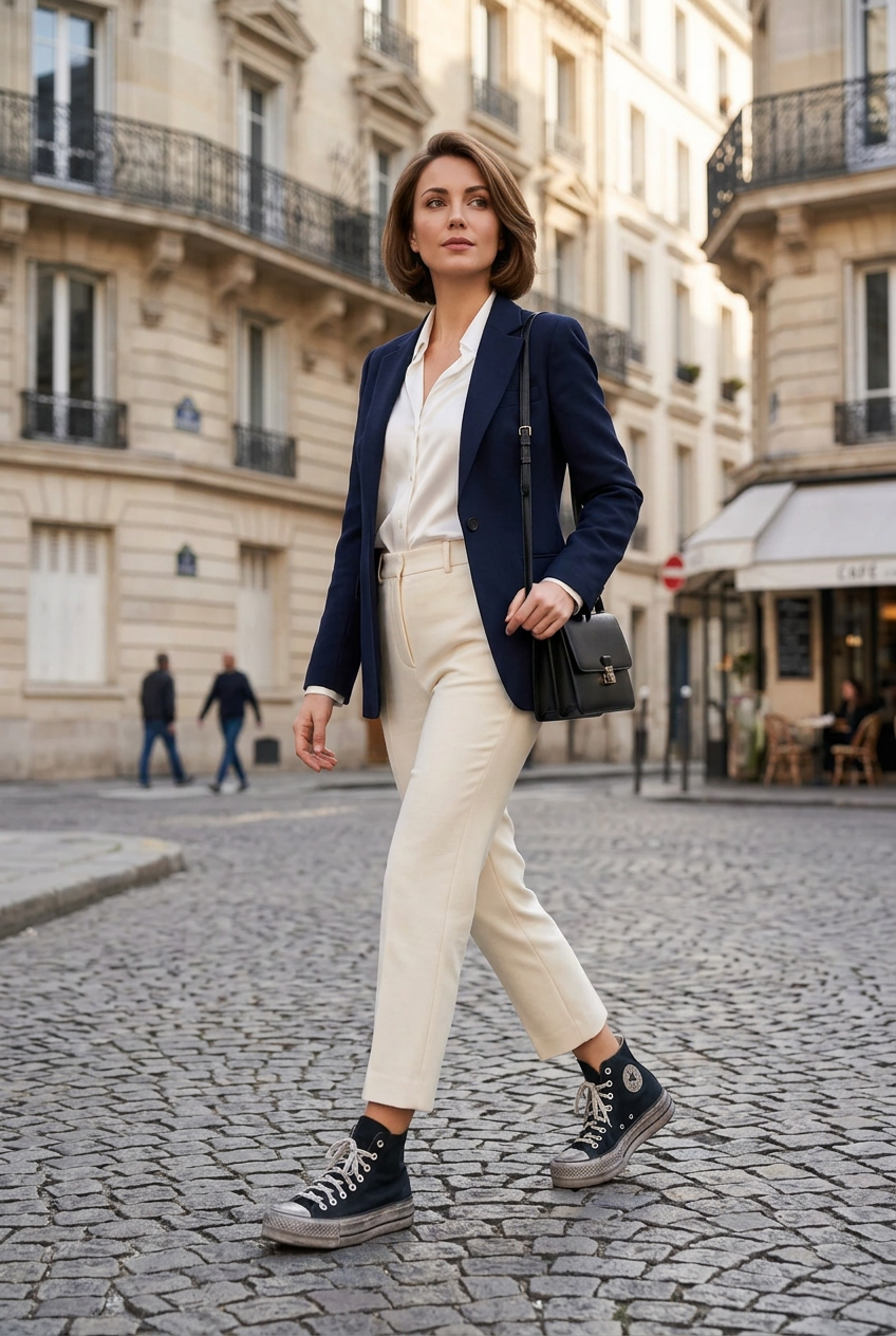 Femme en blazer et pantalon de tailleur portant les Converse en ville, illustration générée