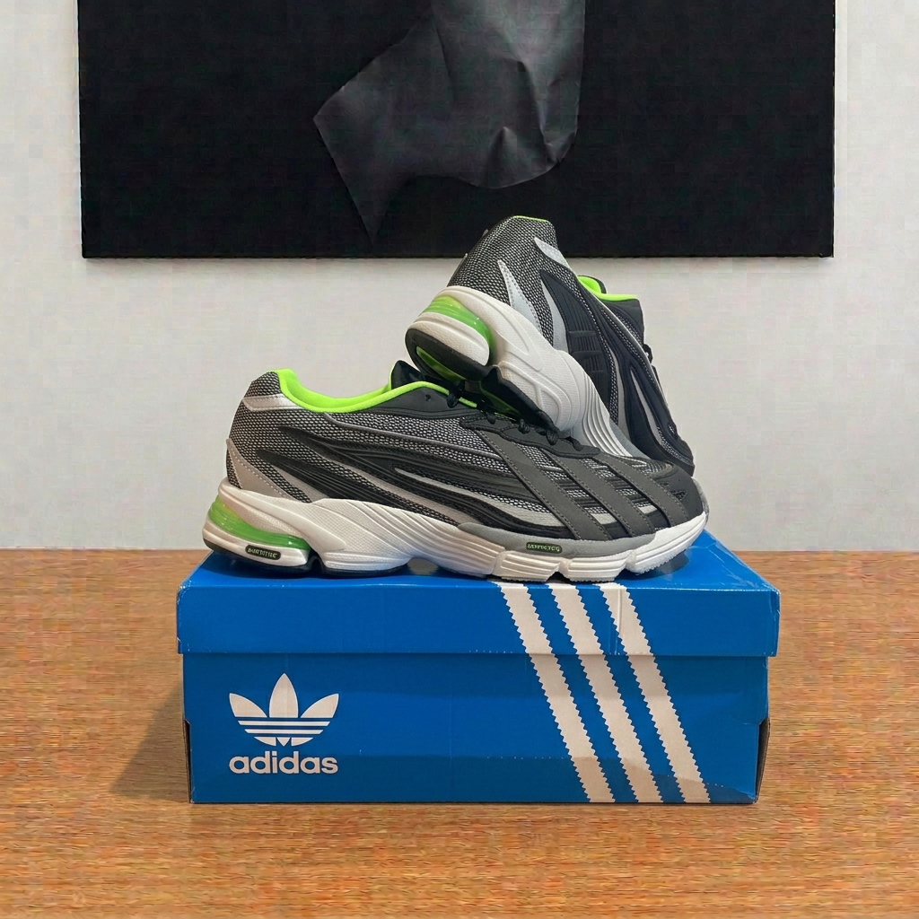 Adidas Orketro sur boîte bleue centrée, photo retouchée