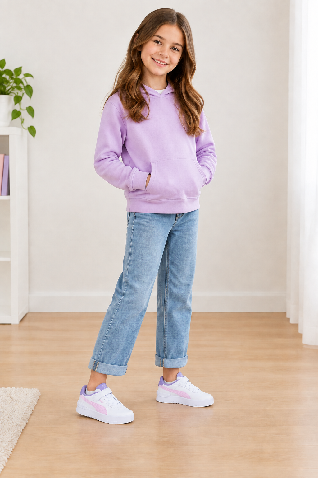 Visuel généré d’une fillette portant les Puma Jola blanches et roses, chaussures aux proportions naturelles