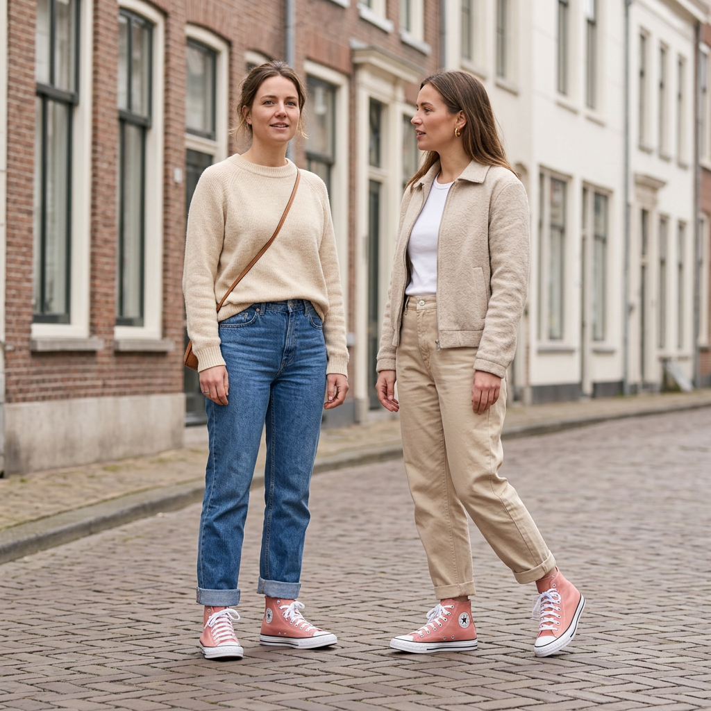 Illustration générée de deux femmes portant les Converse All Star vieux rose
