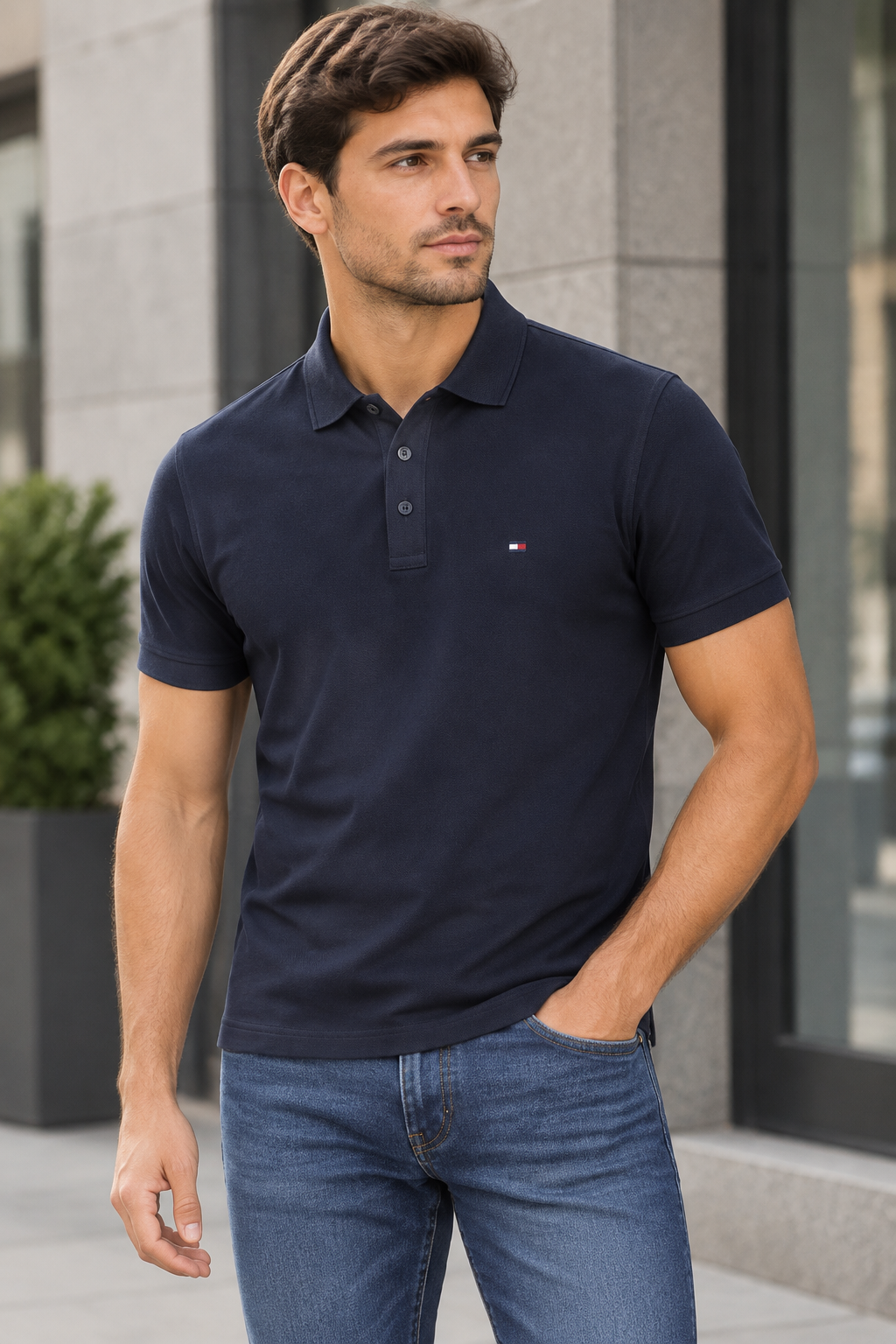 Homme portant le polo Tommy Hilfiger bleu nuit avec un jean
