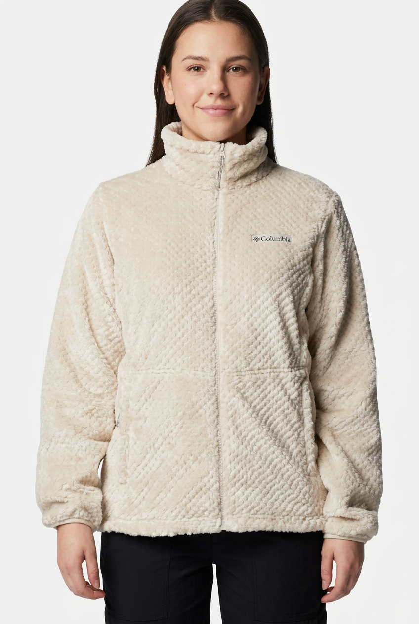 Veste polaire Columbia écrue de face, visuel retouché sur fond studio gris perle