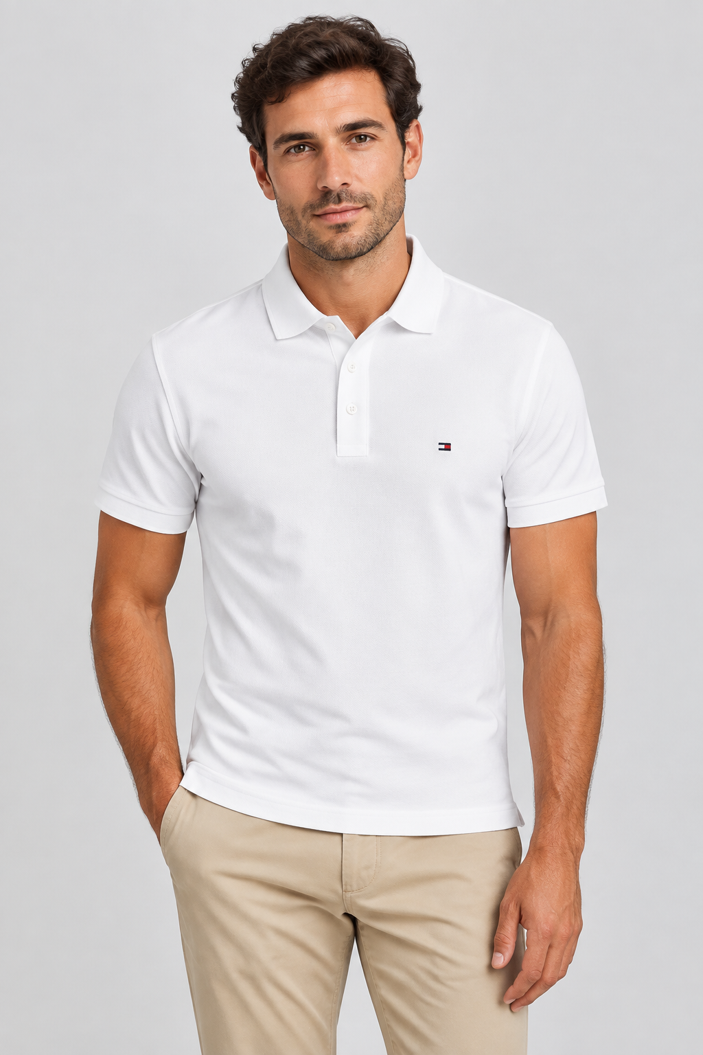 Homme portant le polo Tommy Hilfiger blanc avec un chino beige