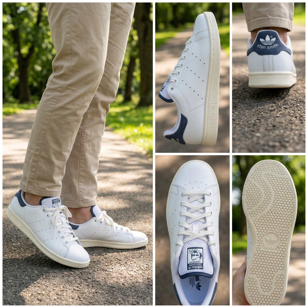 Adidas Stan Smith portées par un adulte montage cinq angles, illustration générée
