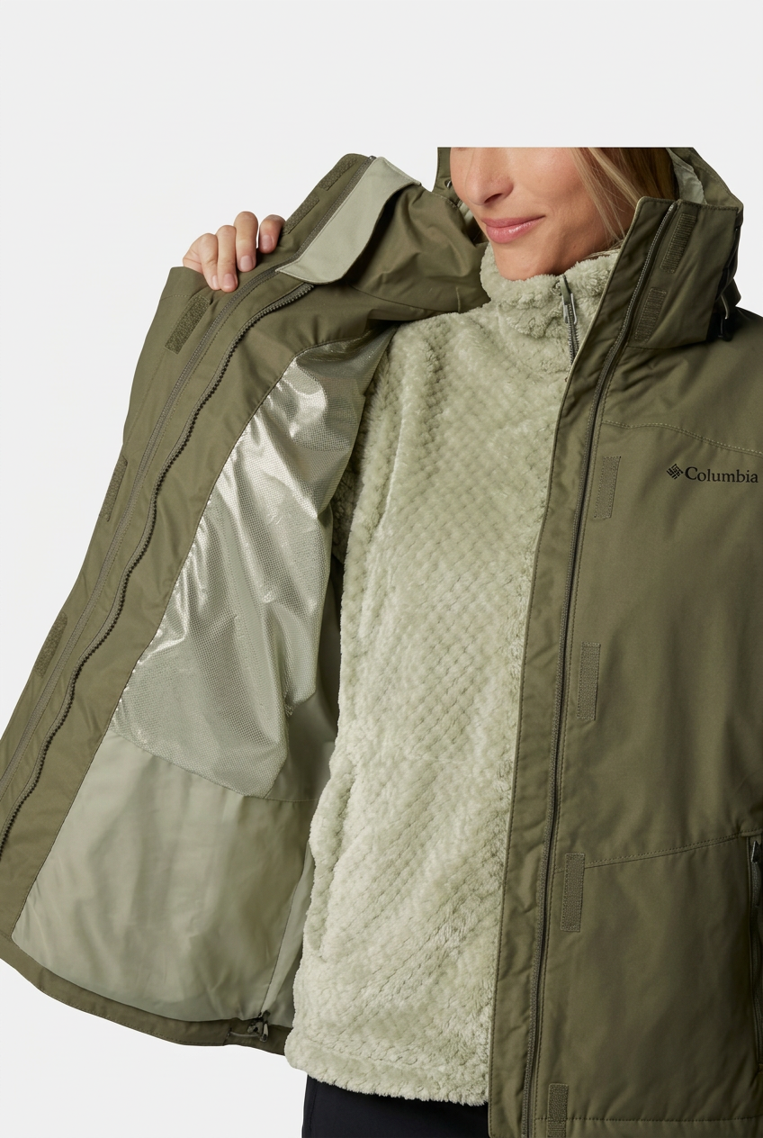 Détail intérieur du blouson Columbia kaki, visuel retouché