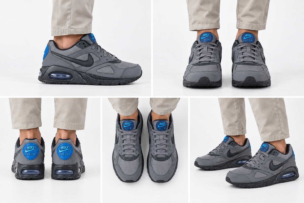Montage illustratif généré de cinq vues des Nike Air Max IVO grises portées par un homme de 15 à 25 ans