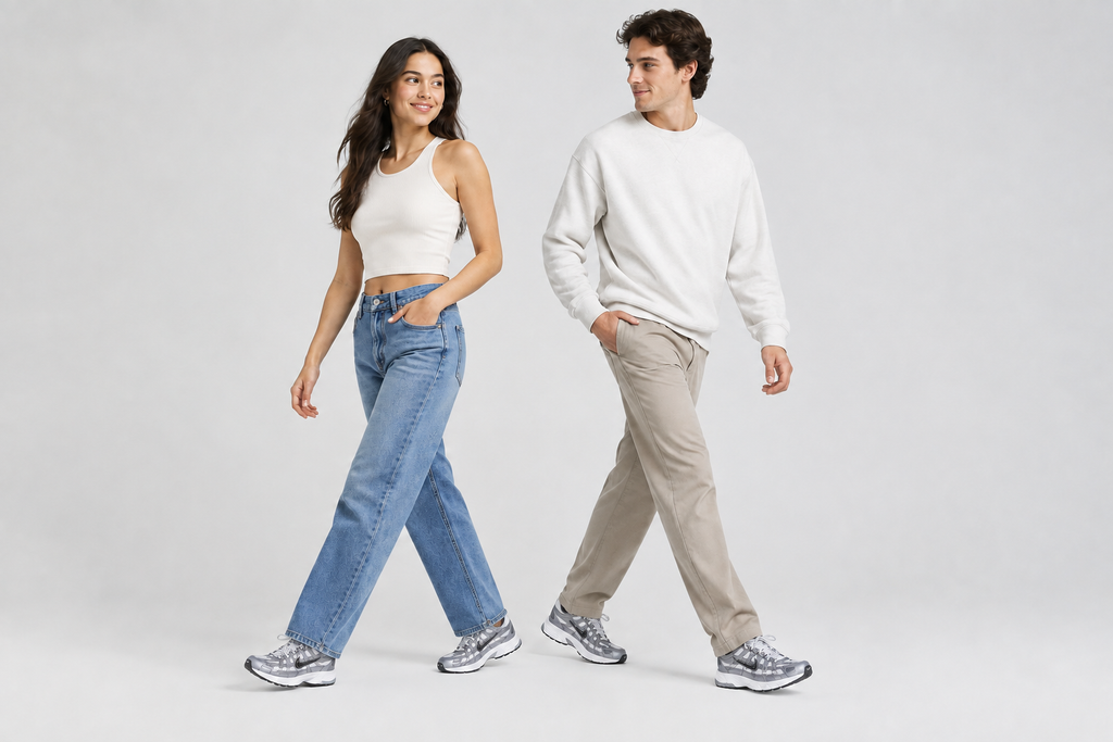 Visuel illustratif généré d’une femme et d’un homme portant les Nike P-6000 argentées, chaussures visuellement réduites d’environ 10 à 15 %