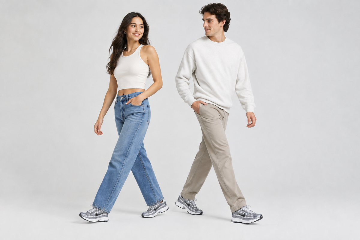Visuel illustratif généré d’une femme et d’un homme portant les Nike P-6000 argentées, chaussures visuellement réduites d’environ 10 à 15 %