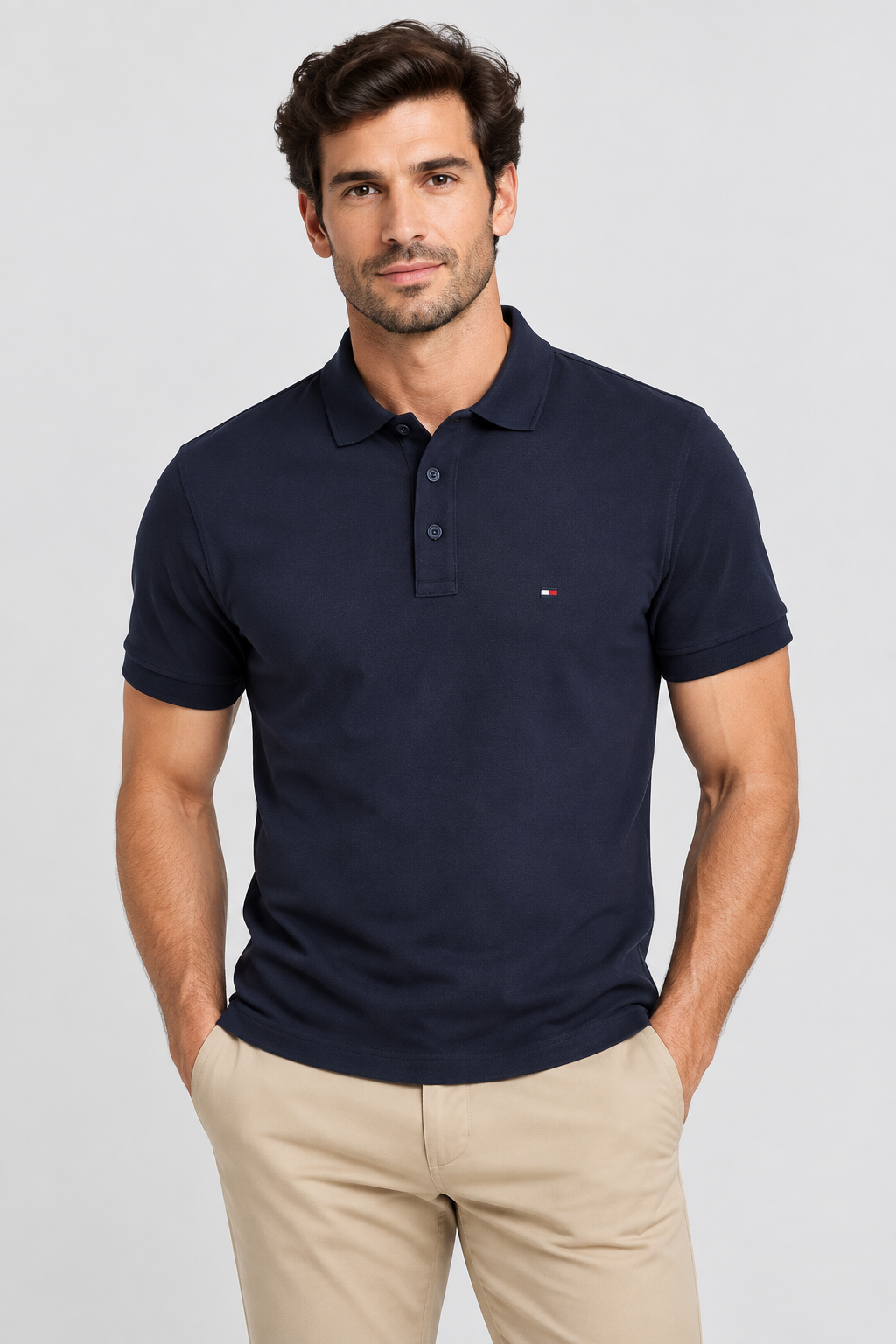 Homme portant le polo Tommy Hilfiger bleu nuit avec un chino beige