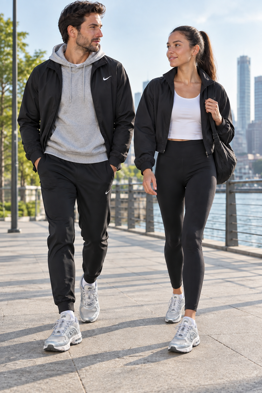 Duo en marche portant les Nike Air Max Moto 2K, chaussures du mannequin féminin ajustées