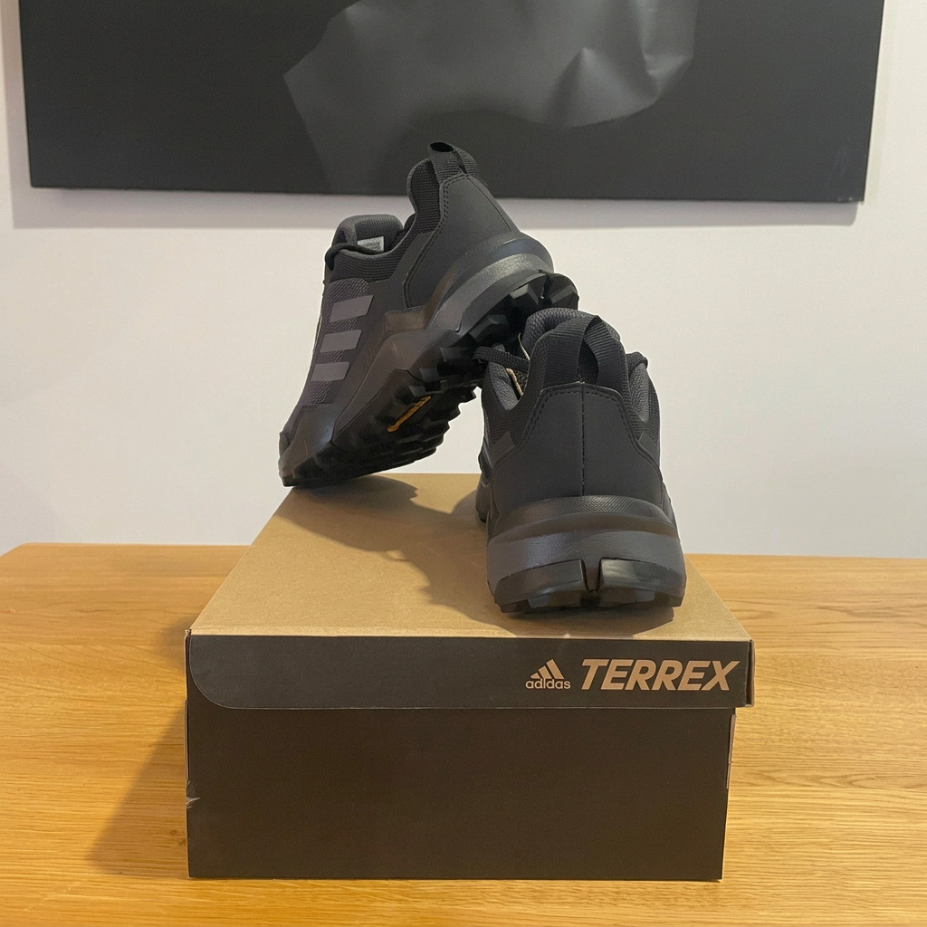 Adidas Terrex vue arrière sur boîte sans étiquette, photo retouchée