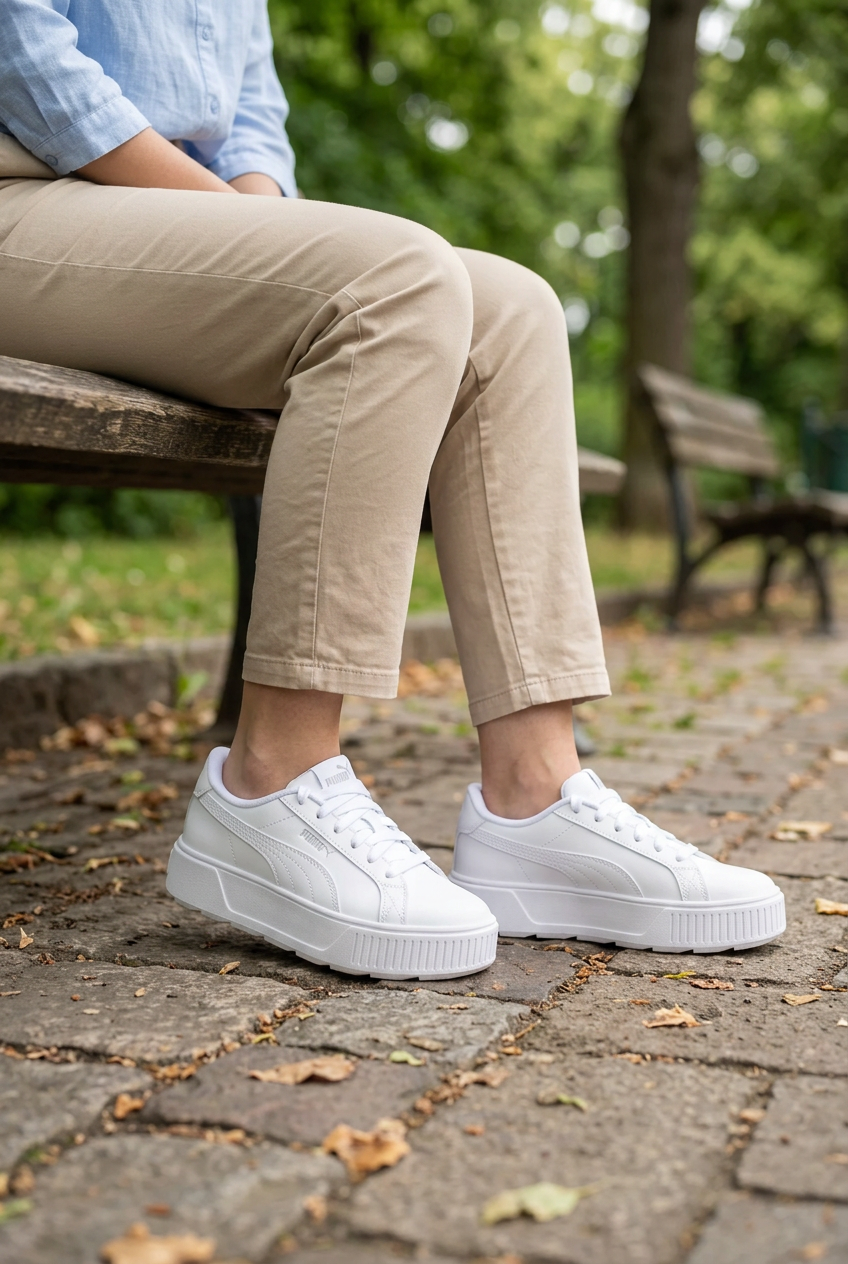 Femme adulte assise portant les Puma Karmen L, illustration générée