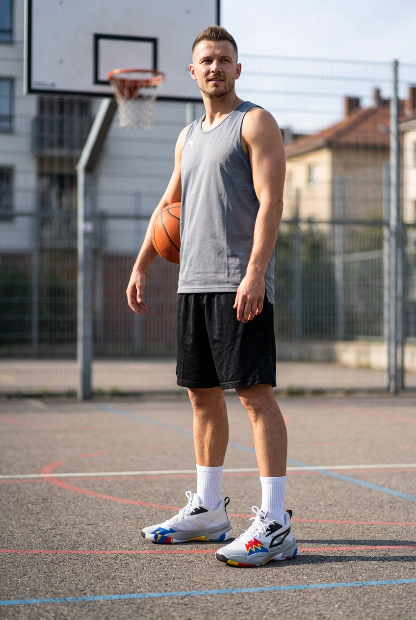 Basketteur avec ballon portant les Puma Genetics sur un terrain extérieur, illustration générée