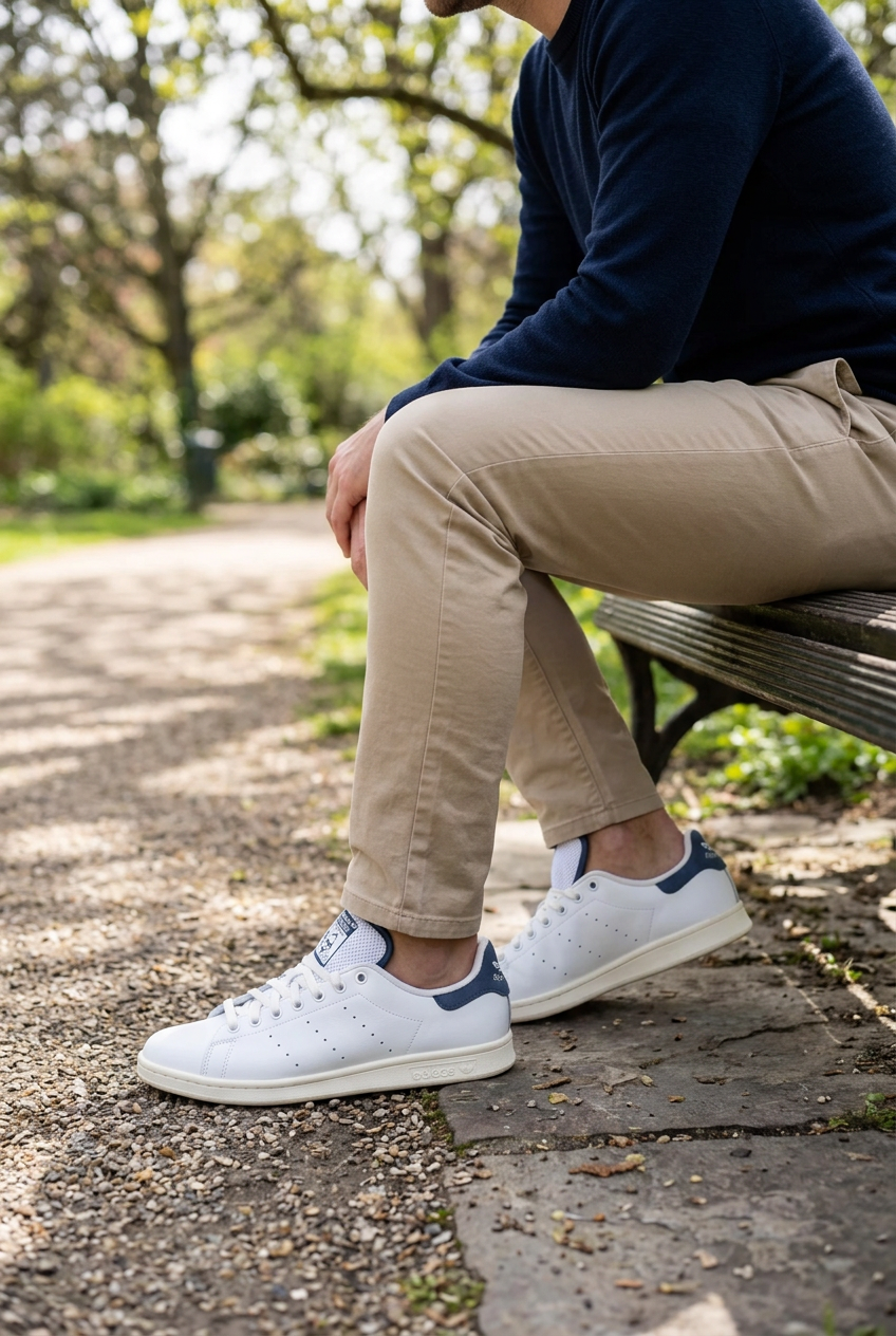 Homme adulte assis portant les Adidas Stan Smith, illustration générée