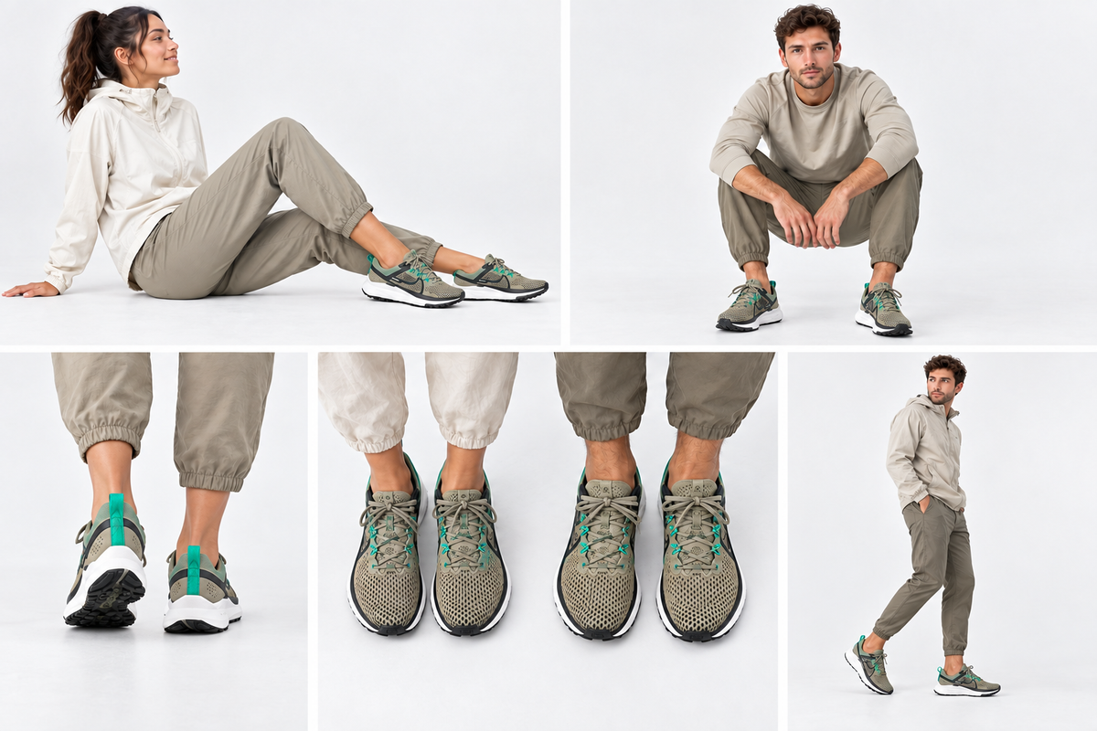 Montage illustratif généré en cinq vues mixtes des Nike React Pegasus Trail 4 aux chaussures visuellement moins grandes