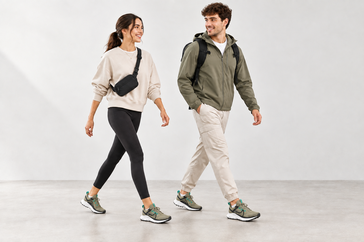 Visuel illustratif généré d’une femme et un homme adultes portant les Nike React Pegasus Trail 4, chaussures visuellement réduites
