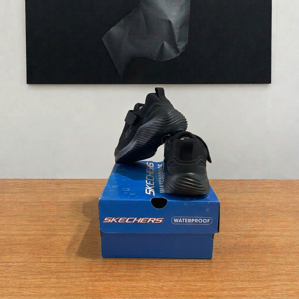 Skechers vue arrière boîte bleue centrée sous tableau entier, cadrage approuvé, image retouchée