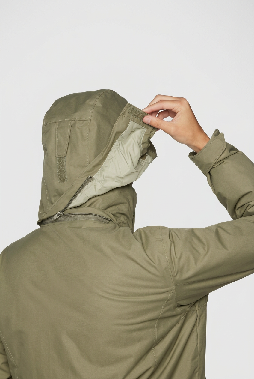 Détail capuche Columbia kaki, visuel retouché