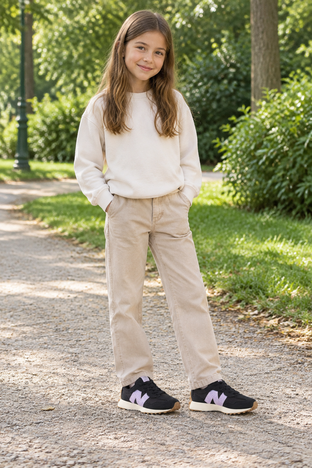 Fille portant les New Balance NW327WG debout dans un parc