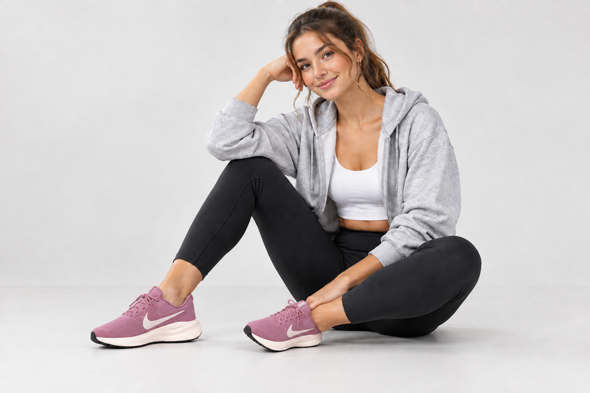 Visuel généré des Nike Revolution 7 portées par une femme de 15 à 30 ans, chaussures légèrement réduites en apparence