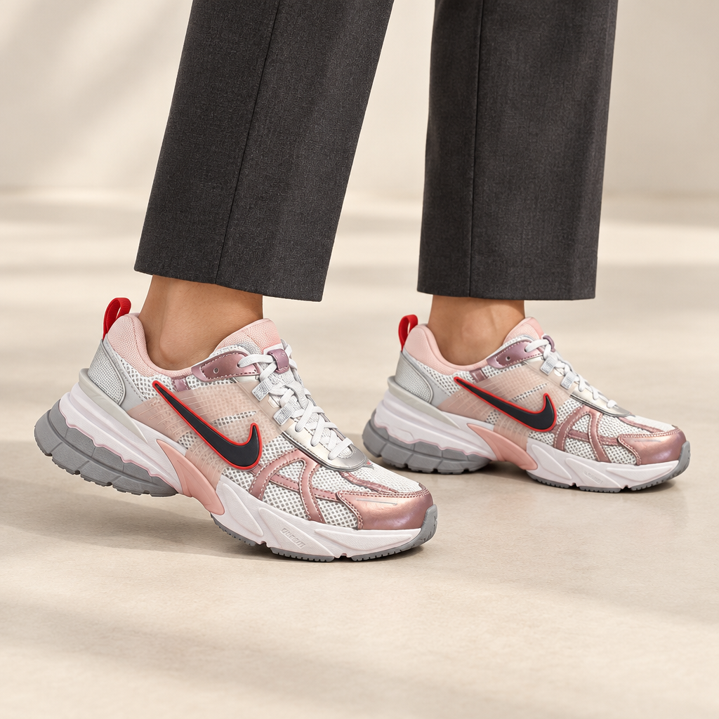 Visuel généré des Nike V2K Run roses portées avec pantalon habillé