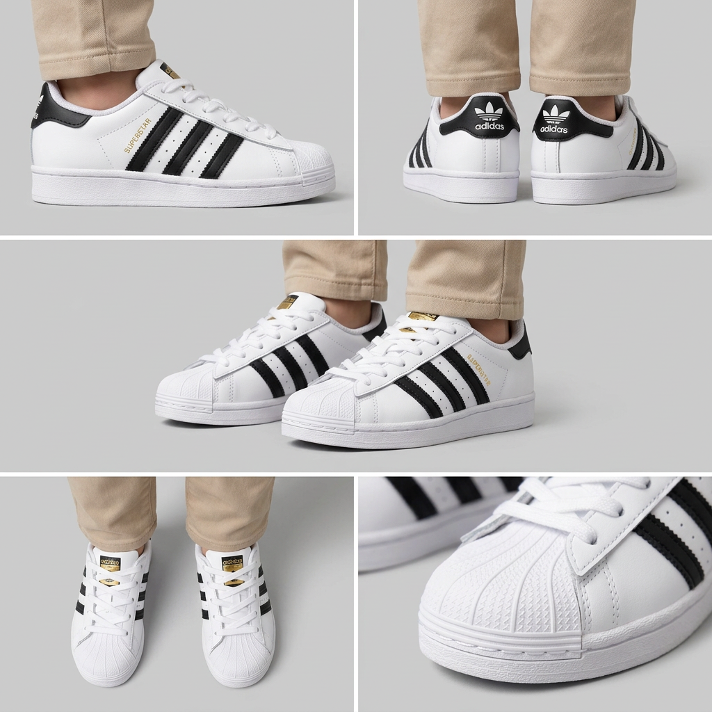 Montage de cinq angles des Adidas Superstar portées dans une mise en scène enfant, visuel généré