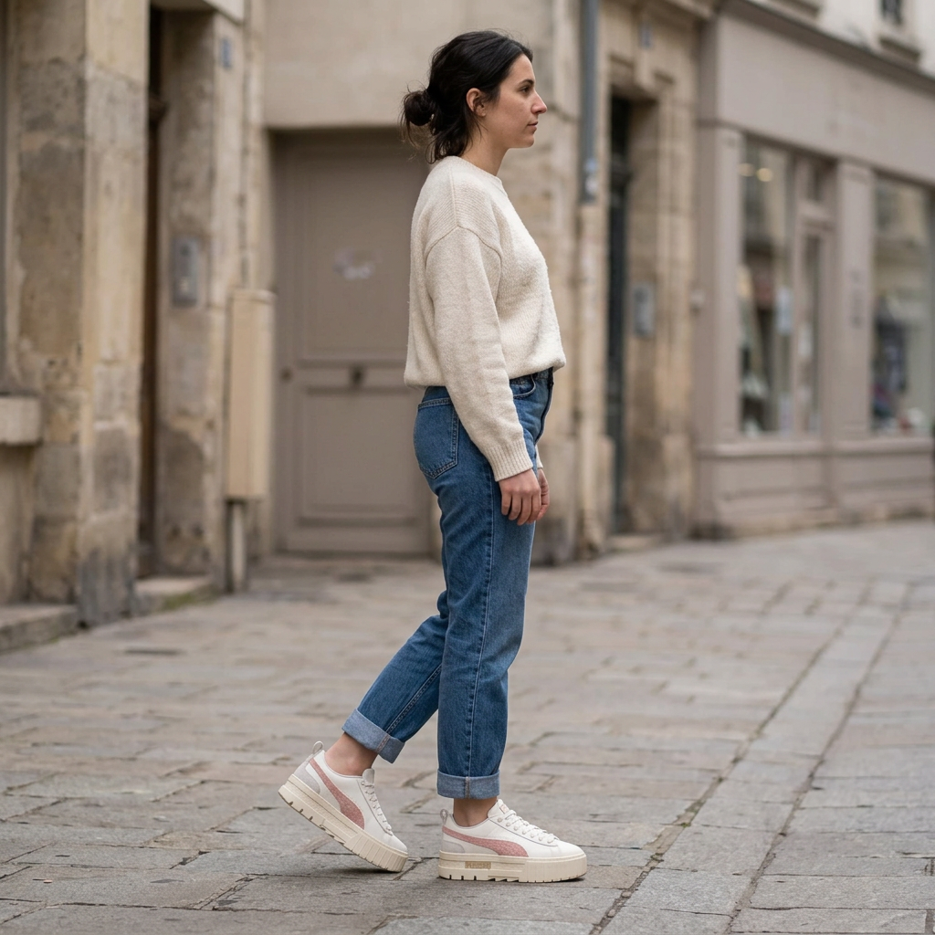Illustration générée d’une femme de profil portant les Puma Mayze Thrifted