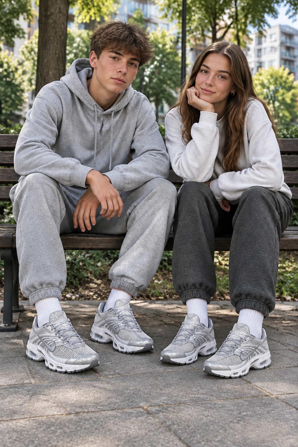 Duo d’adolescents sur un banc portant les Nike Air Max Moto 2K, chaussures de l’adolescente ajustées