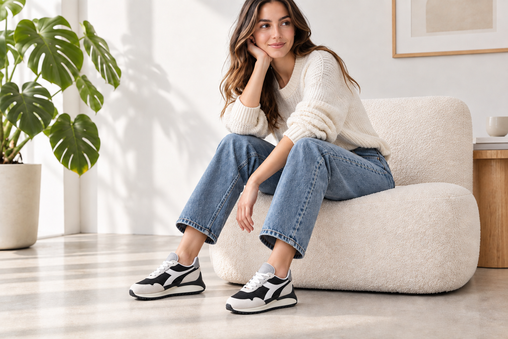 Version retouchée générée de la femme assise : petites taches blanches à côté des logos latéraux corrigées sur les deux chaussures