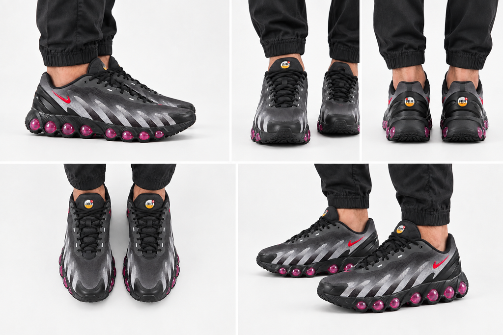 Montage illustratif généré des Nike Air Max DN8 sous cinq angles, chaussures moins imposantes en apparence