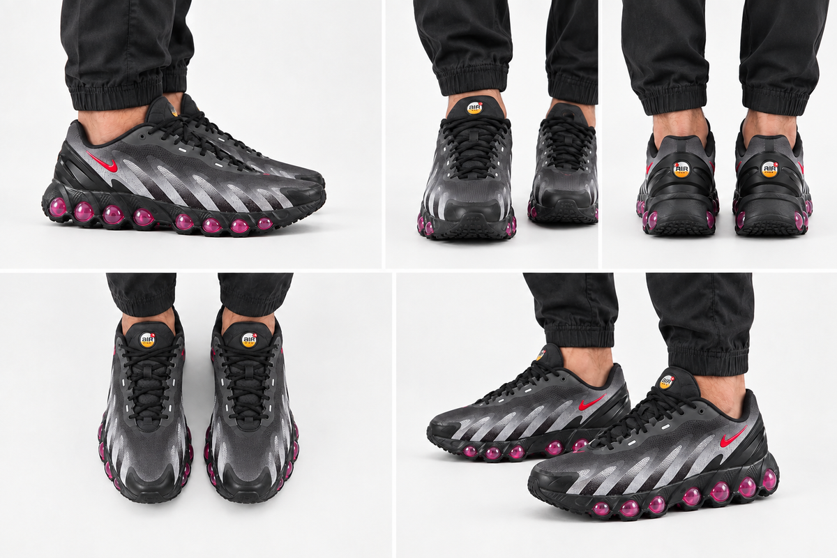 Montage illustratif généré des Nike Air Max DN8 sous cinq angles, chaussures moins imposantes en apparence
