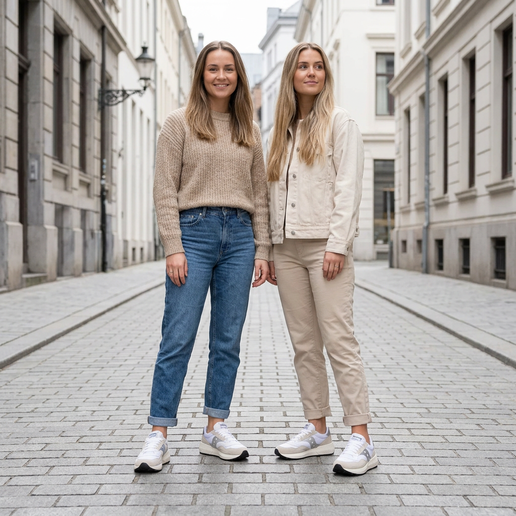 Illustration générée de deux femmes portant les Saucony Jazz NXT blanc et beige