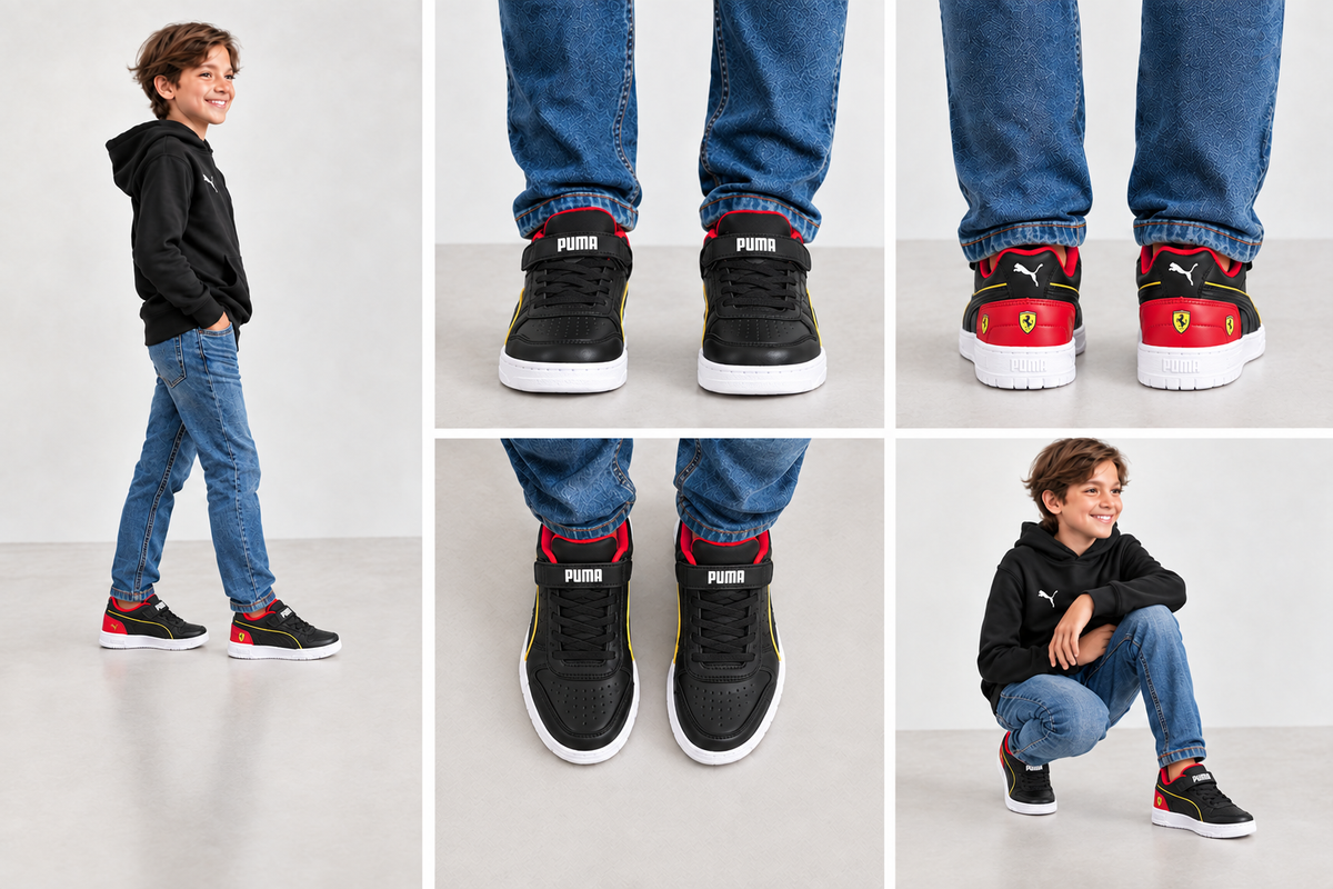 Montage généré de cinq vues des Puma Game Low Ferrari, PUMA inscrit sur le scratch au-dessus de la languette et félin au talon